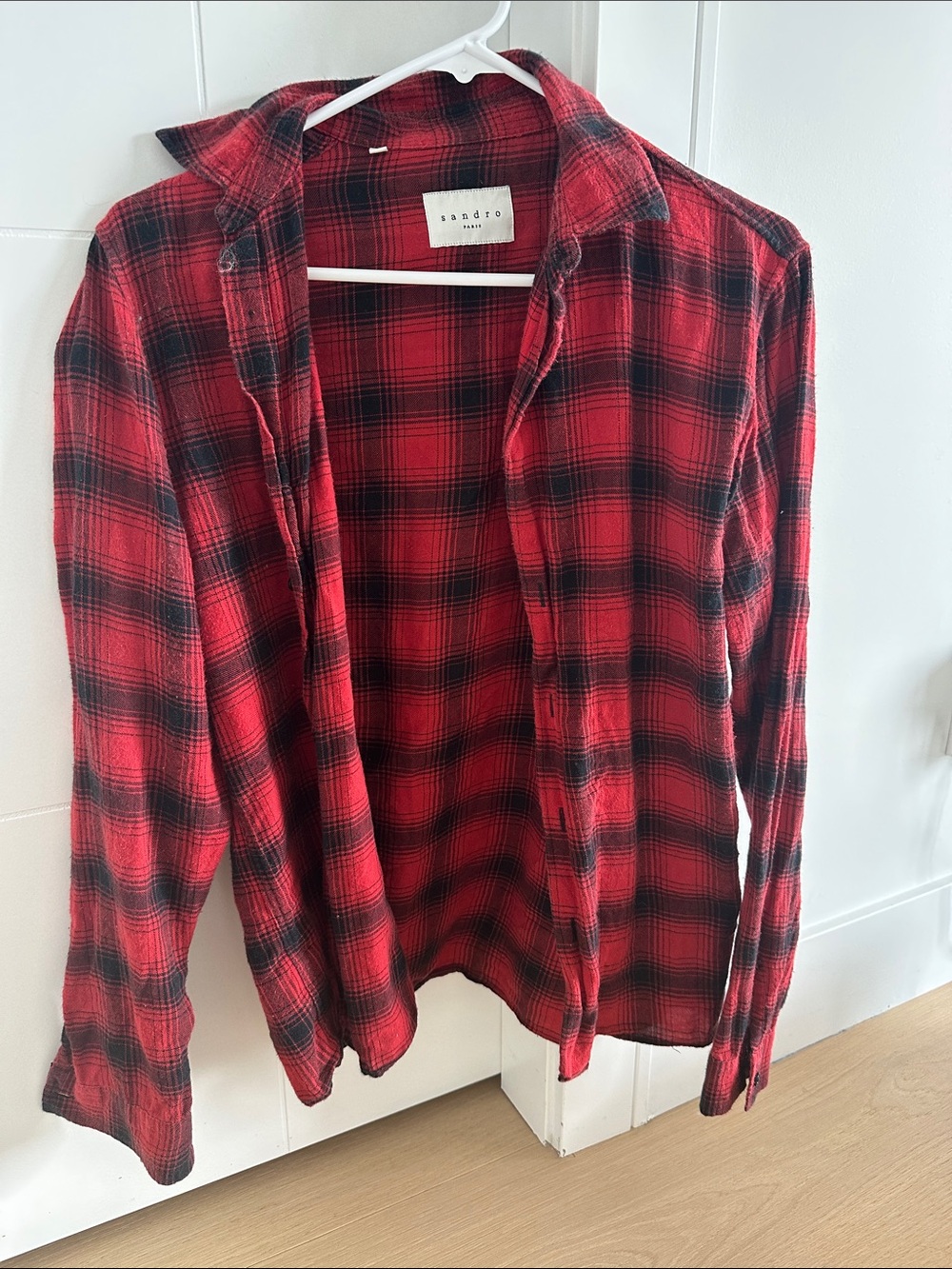 Sandro Men's Red and Black Plaid Casual Button-Down Shirt - Picture 1 of 1